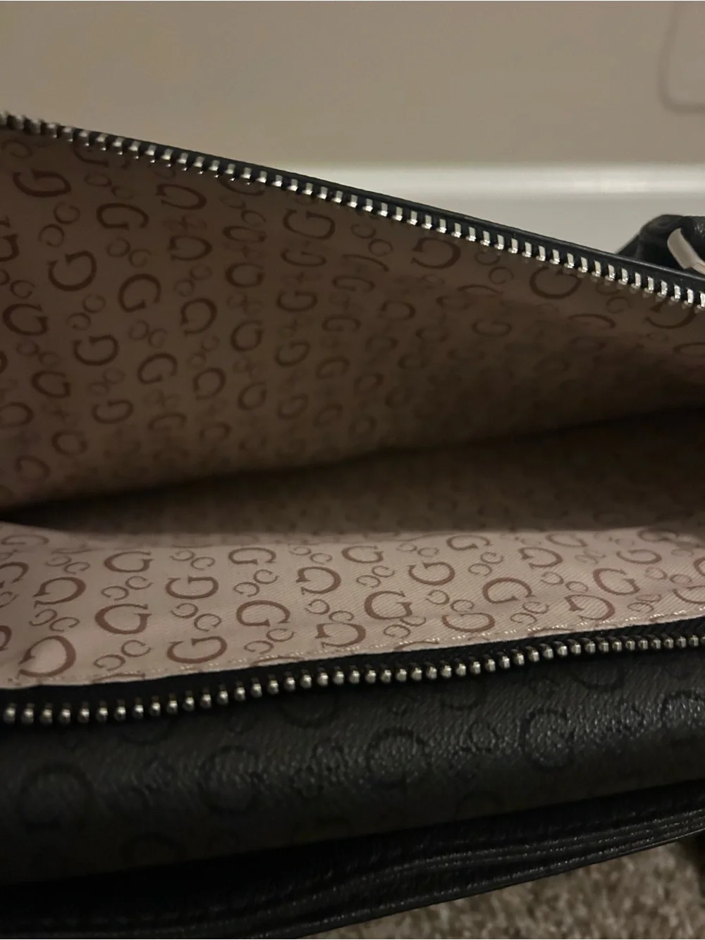 Guess Black Logo-Embossed Satchel with Silver Plate